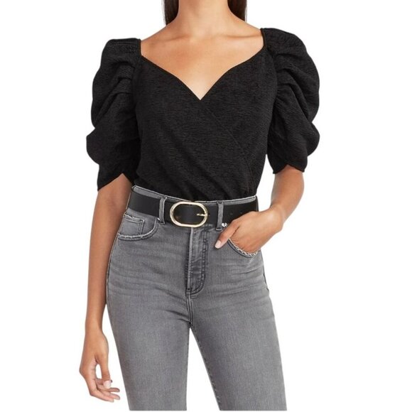 Express Navy Puff Sleeve Textured Sweetheart Neck Bodysuit SIZE-MEDIUM - Picture 8 of 8